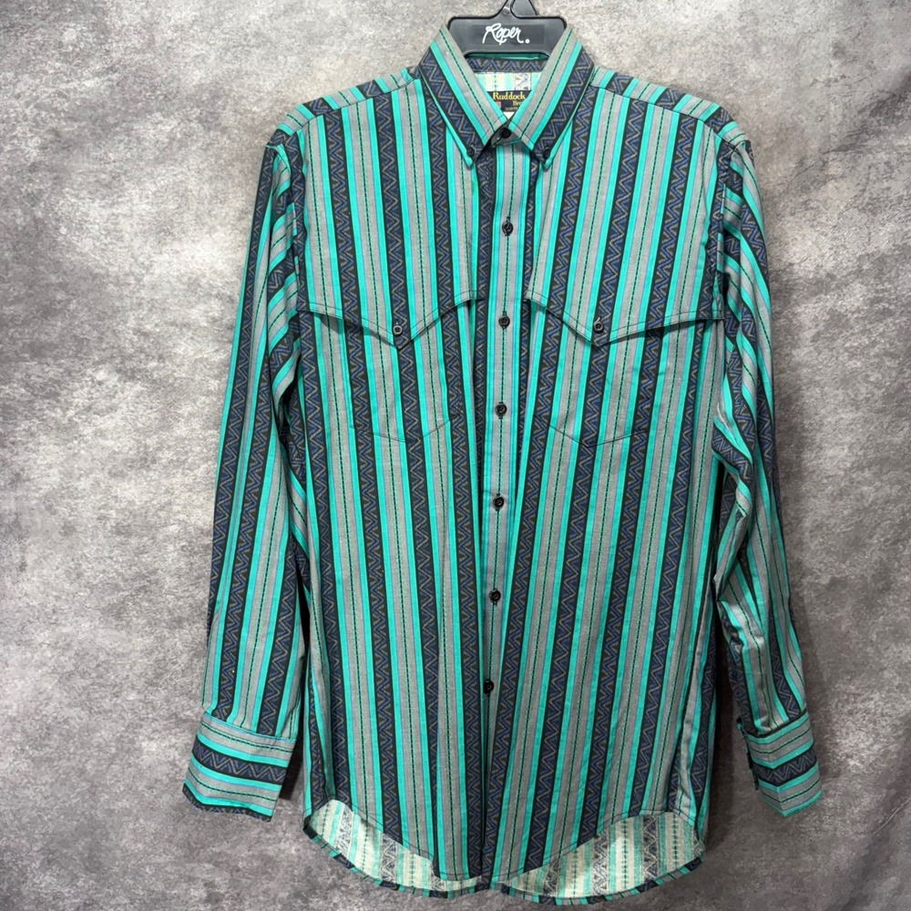 Vintage 90s Ruddock Bros Aztec Striped Western Shirt Mens M Teal Gray Vented
